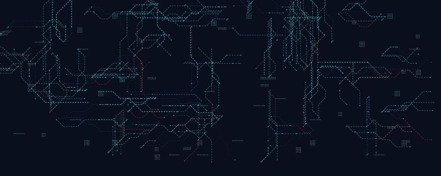 Cyber Network Grid With Dotted Tech Lines. Dark futuristic background featuring blue and red digital routes for cybersecurity, data flow, and systems UI. Clean abstract layout. illustration vector