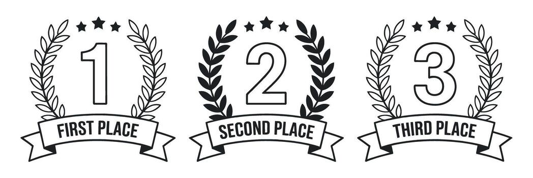 Achievement Awards Set First Second and Third Place Laurel Wreath with Ribbon Banner Illustration Isolated on Transparent vector