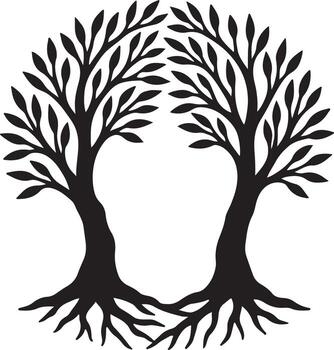 sereno negro y blanco silueta de dos entrelazados arboles formando un corazón forma en contra un blanco antecedentes vector