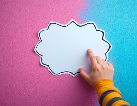 A blank white with random shape sticker label mockup on a colored wall with a kid hand. This image is generated with the use of an AI photo
