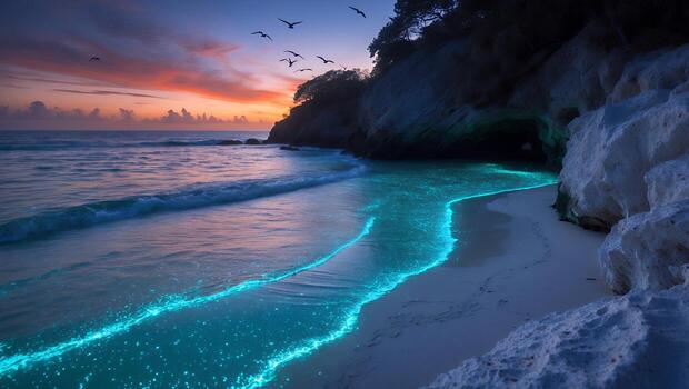 Serene Beach at Dusk with Bioluminescent Waves and Birds Flying Overhead photo