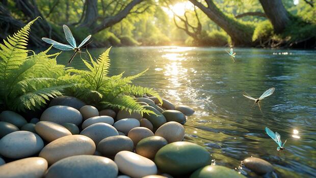 Serene riverbank scene with dragonflies hovering over smooth pebbles, sunlight filtering through trees photo