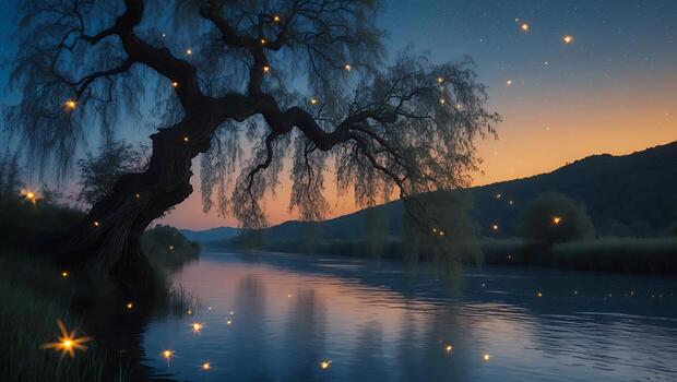 Serene twilight by a river with a willow tree, glowing fireflies illuminating the calm water photo