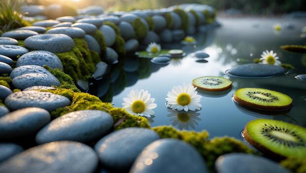 Serene pond scene with floating kiwi slices and daisies surrounded by smooth stones and moss photo