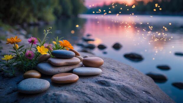 Tranquil riverbank scene with colorful flowers and smooth stones at sunset, creating a serene atmosphere photo
