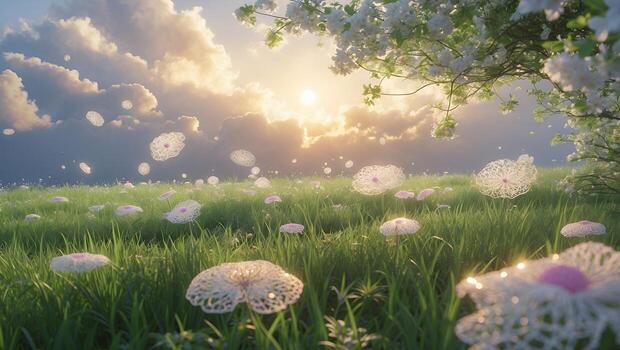 Serene sunset over a field of delicate flowers, with soft clouds and vibrant greenery in the background photo