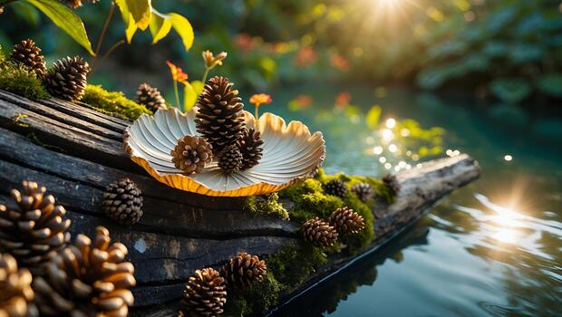 Serene natural setting with pinecones arranged artistically on a log by a tranquil pond at sunset photo