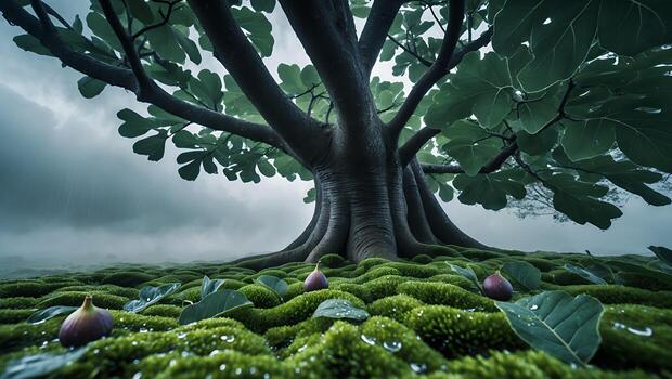 Majestic fig tree towering over lush green moss, with figs scattered on the ground, in a misty forest photo