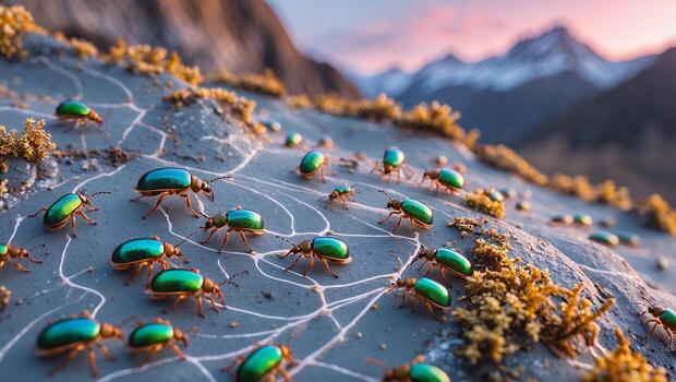 A vibrant colony of green beetles crawling over a rocky surface with mountains in the background photo