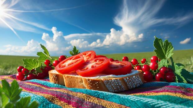Freshly prepared sandwich with sliced tomatoes on a colorful cloth, set against a vibrant sky and field photo