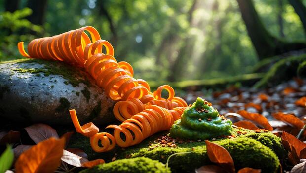 Vibrant orange carrot curls and green herb paste on a mossy stone in a sunlit forest setting photo