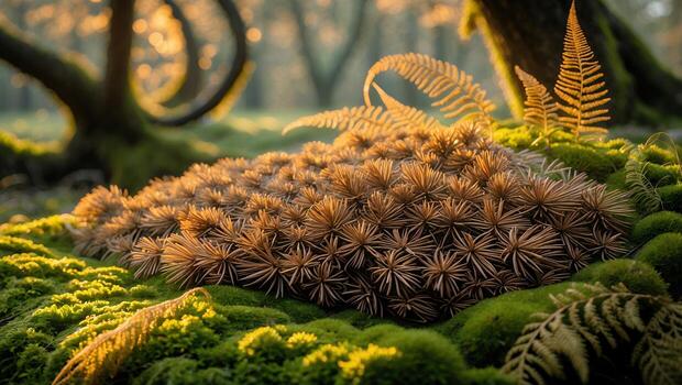Close-up of a mossy forest floor with intricate fern patterns and sunlight filtering through trees photo