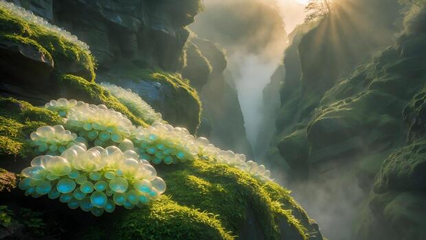 Lush green canyon with glowing bubbles, soft sunlight filtering through misty cliffs, serene ambiance photo