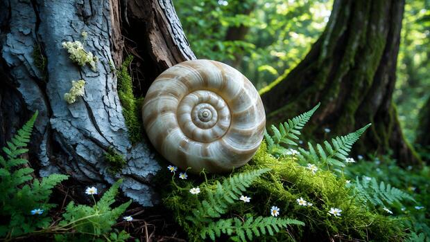 un hermosamente detallado nautilo cáscara descansando en contra un árbol maletero rodeado por lozano verdor y flores foto