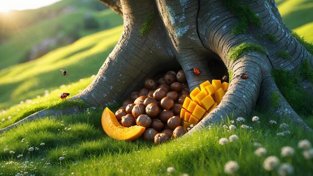A vibrant scene of fruits nestled at the base of a large tree in a sunny meadow with insects photo
