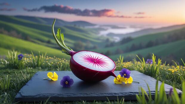 Vibrant red onion with intricate patterns placed on a slate stone amidst lush green hills at sunset photo