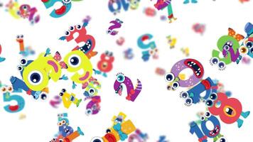 vibrerande tal med monster ansikten animera dynamiskt mot en vit bakgrund, skapande en livlig och nyckfull visuell erfarenhet video