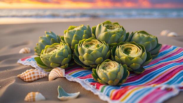 Fresh artichokes arranged on a colorful beach blanket with seashells, set against a sunset ocean backdrop photo