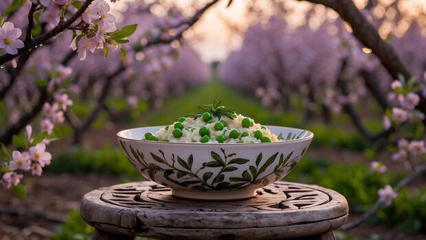 Freshly prepared salad with green peas displayed on a rustic stool amidst blooming orchard trees photo