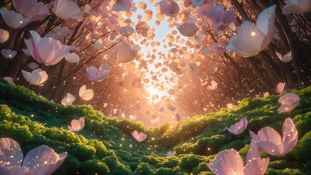 Enchanted forest pathway adorned with pink petals and soft moss, glowing in golden sunlight photo