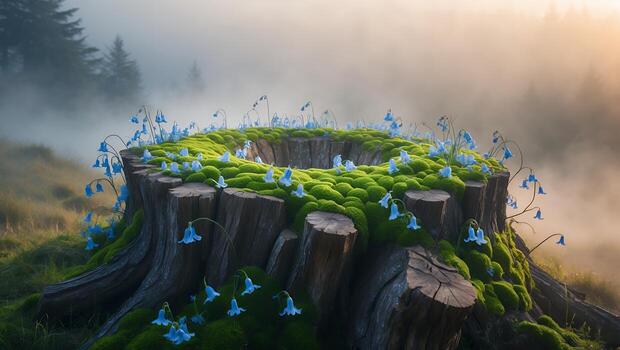 A serene forest scene featuring a moss-covered tree stump adorned with blue flowers, surrounded by misty woods photo