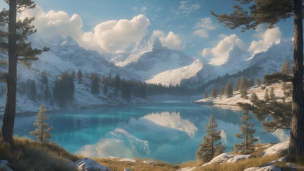 Serene mountain landscape with a tranquil lake reflecting snowy peaks and lush greenery in spring photo