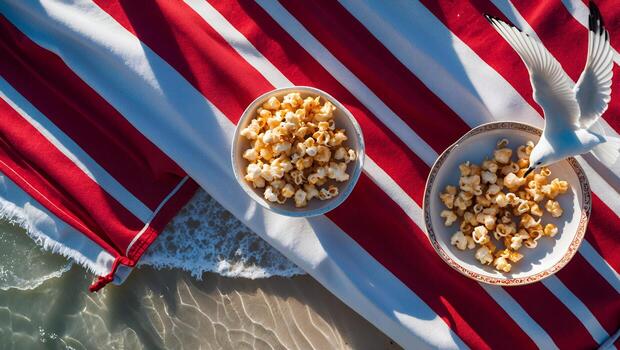 Aerial view of two bowls of popcorn on a red and white striped beach towel by the ocean photo