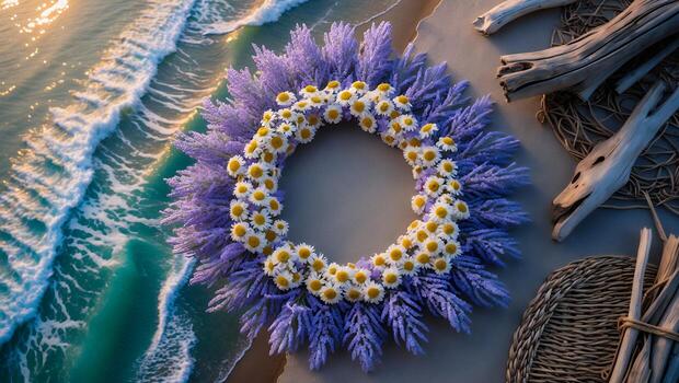Aerial view of a vibrant floral arrangement on a sandy beach, waves gently lapping in the background photo