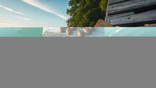 Tranquil lakeside scene with ducks swimming near an open book and chocolate candies on a wooden dock photo
