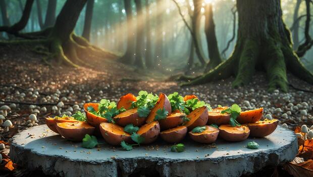 Freshly sliced oranges arranged on a wooden slab in a misty forest, with sunlight filtering through trees photo