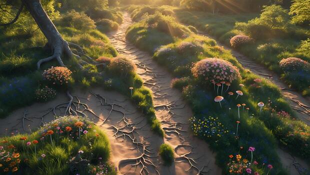 Serene pathways winding through a vibrant meadow filled with colorful flowers and soft sunlight photo
