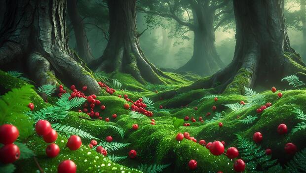 Lush forest scene with vibrant red berries scattered on mossy ground amidst towering trees and soft light photo