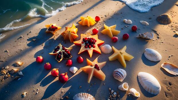 Colorful star-shaped fruits arranged on a sandy beach with seashells and gentle waves in the background photo