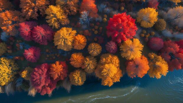 Aerial view of vibrant autumn trees in various colors surrounding a serene riverbank photo