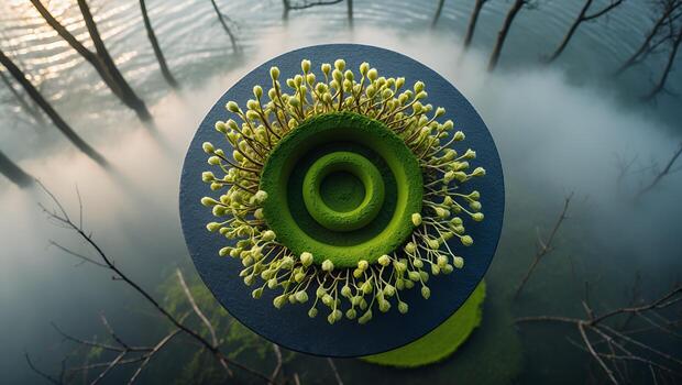 Aerial view of a vibrant circular floral arrangement floating above a misty lake surrounded by trees photo