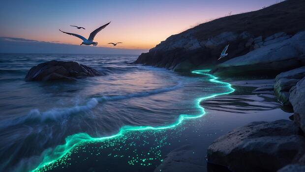 Serene coastal scene at twilight with glowing shoreline and seagulls flying above the waves photo