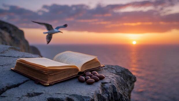Open book resting on a rocky cliff at sunset with a seagull flying over the ocean waves photo