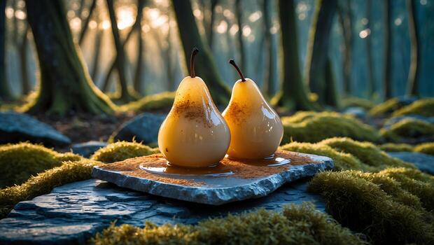 Two golden pears resting on a stone slab amidst a misty forest with sun rays filtering through trees photo