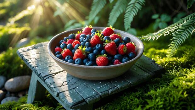 Freshly picked strawberries and blueberries in a rustic bowl on a wooden stool surrounded by nature photo