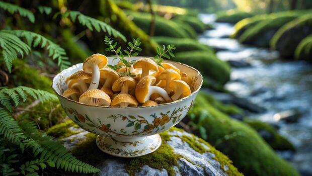 un rústico cuenco lleno con recién forrajeado hongos se sienta por un sereno corriente rodeado por lozano verdor foto