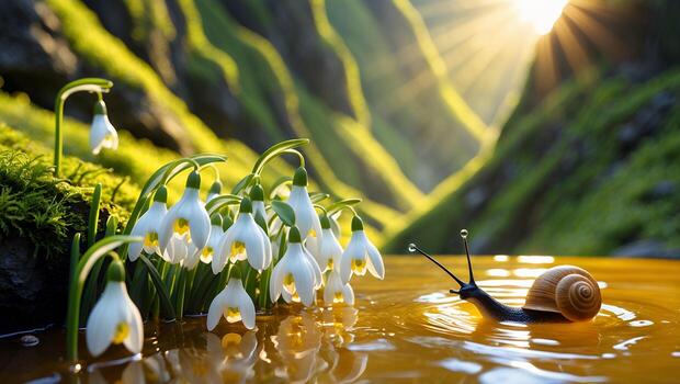 A serene landscape featuring a snail gliding through a tranquil pond surrounded by blooming snowdrops photo