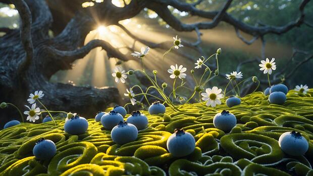 Lush moss carpet adorned with blueberries and daisies under sunbeams in a serene forest setting photo