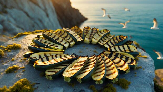 Grilled zucchini arranged in a circular pattern on a rocky shore during sunset, with seagulls flying nearby photo