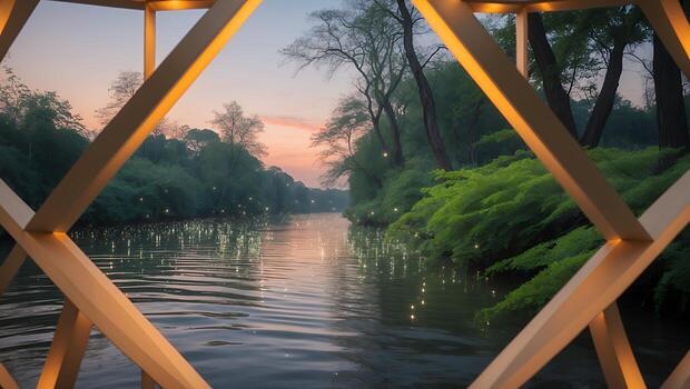 Serene river view framed by modern lattice structure at dusk, with soft lights reflecting on water photo