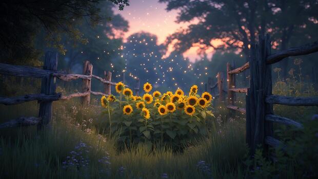 Vibrant sunflowers blooming in a serene meadow at dusk, with soft light filtering through trees photo