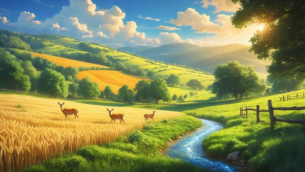 Serene landscape with deer grazing in a golden field, surrounded by lush hills and a winding stream photo