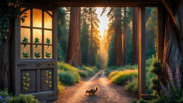 A curious squirrel explores a sunlit forest path through an enchanting wooden door in a serene setting photo