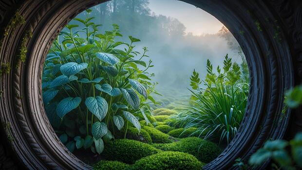 Serene view of lush green plants through a circular stone frame in a misty forest at dawn photo