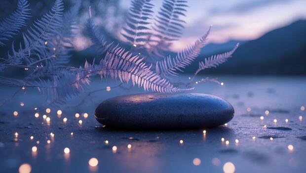Serene evening scene featuring a smooth stone surrounded by glowing lights and delicate ferns by a lake photo
