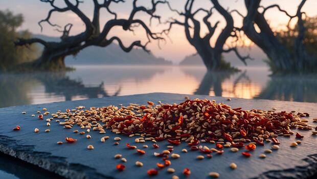 A vibrant pile of spices on a dark stone slab, with misty trees and a serene lake in the background photo
